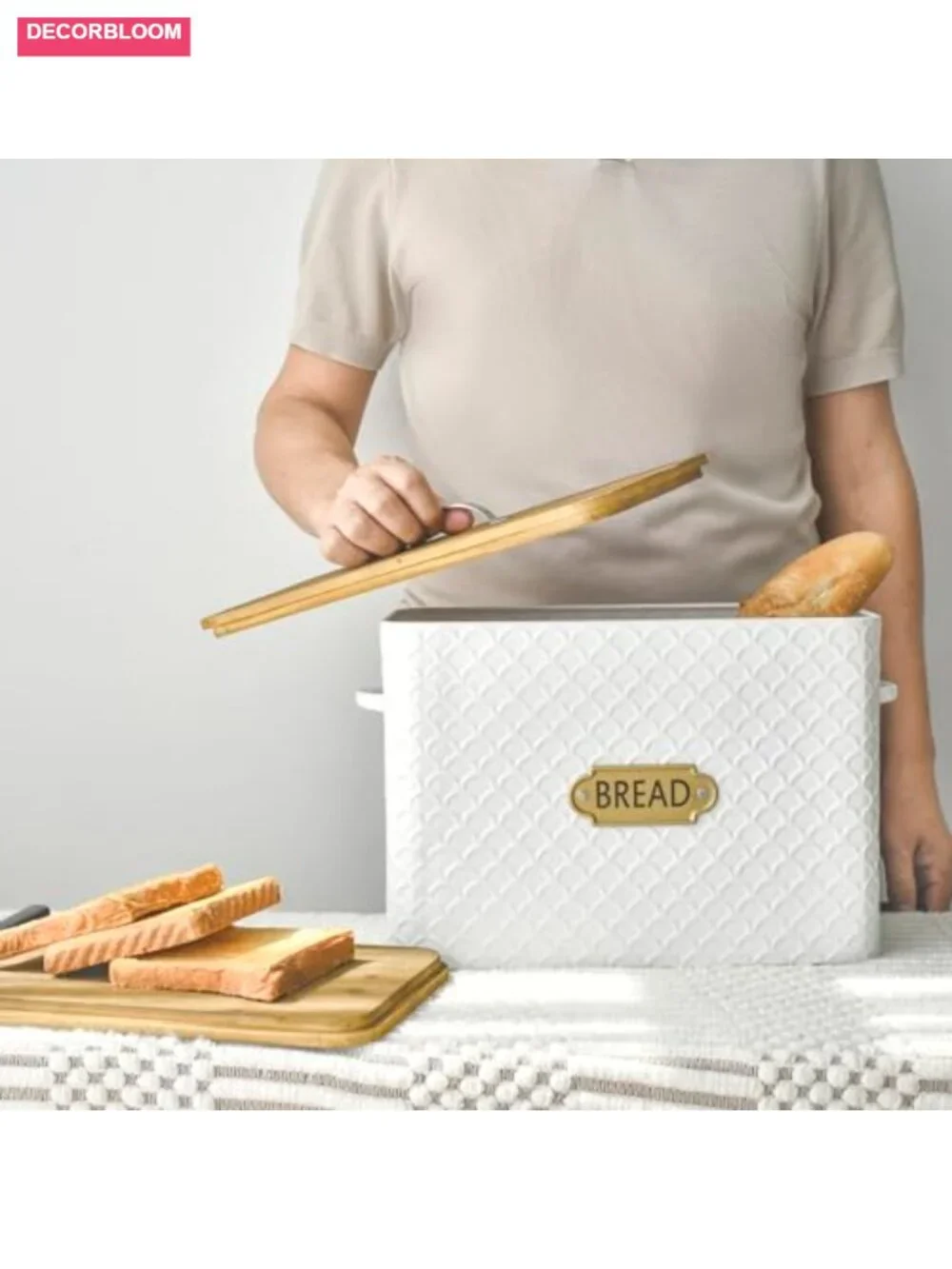 Extra Large Farmhouse Bread Box with Wood Lid Holds 2 Loaves Vertical Storage